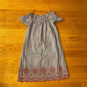 Chambray Vineyard Vines off the shoulder dress with red embroidery